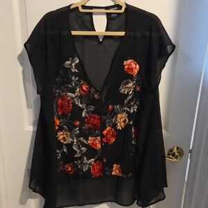 Torrid Black Sheer Blouse with Red Floral Design